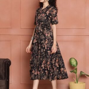 Women's Cotton Floral Print A-Line Midi Dress | Short Sleeve Flared Gown Dress
